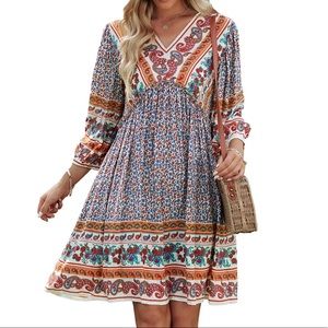 blue dress for baby girl 3/4 Sleeve Folded Floral Print Chinese Style Casual Dress Boho Dress main image 0
